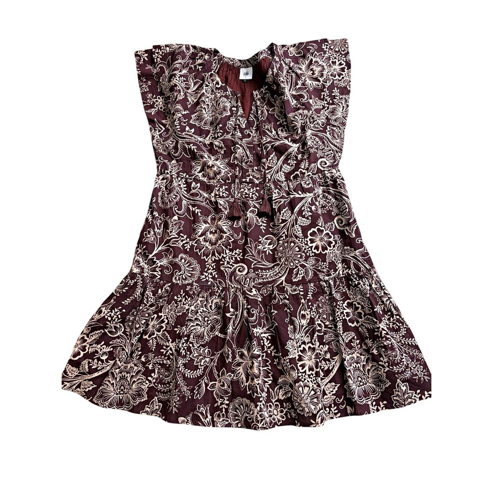 Cabi Brown Beige Floral V-Neck Flutter Sleeve Lined Knee Dress Midsummer M